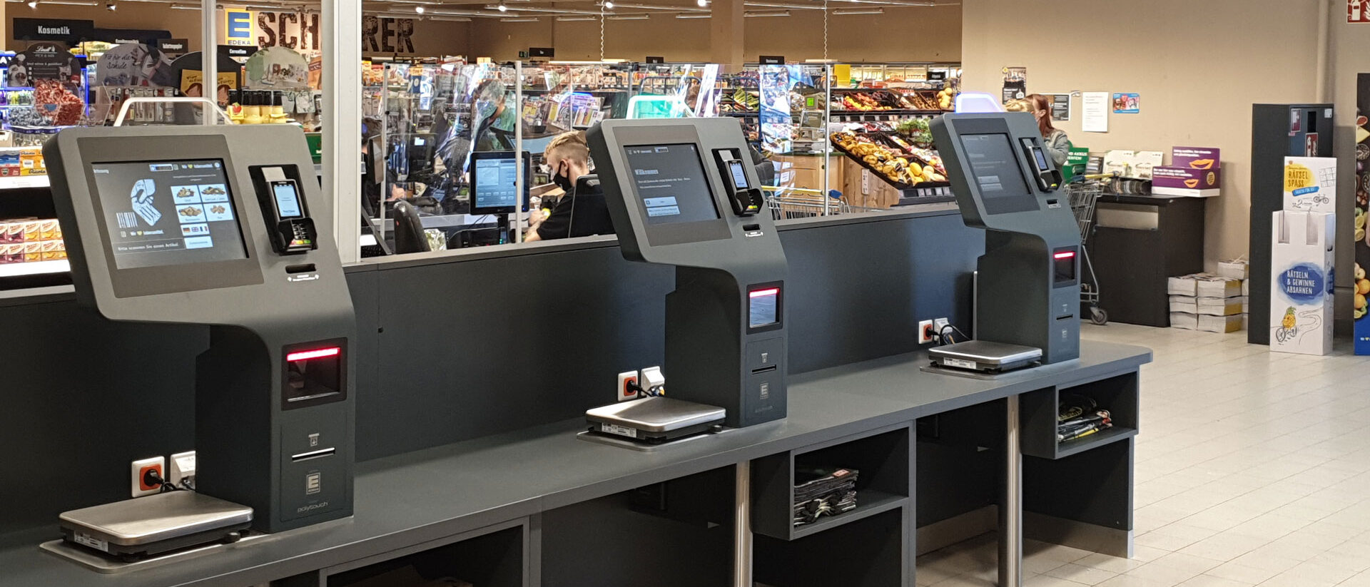 Le kiosque de caisse en libre-service POLYTOUCH® PORTAL en service chez EDEKA : une solution SCO efficace et conviviale pour le commerce de détail.