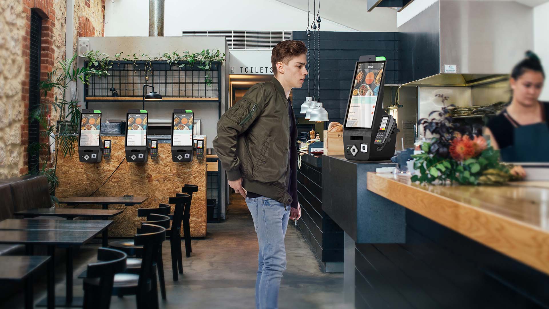 Terminal de commande autonome POLYTOUCH PIXI 15,6 pouces avec écran tactile, scanner et module de paiement, au design compact
