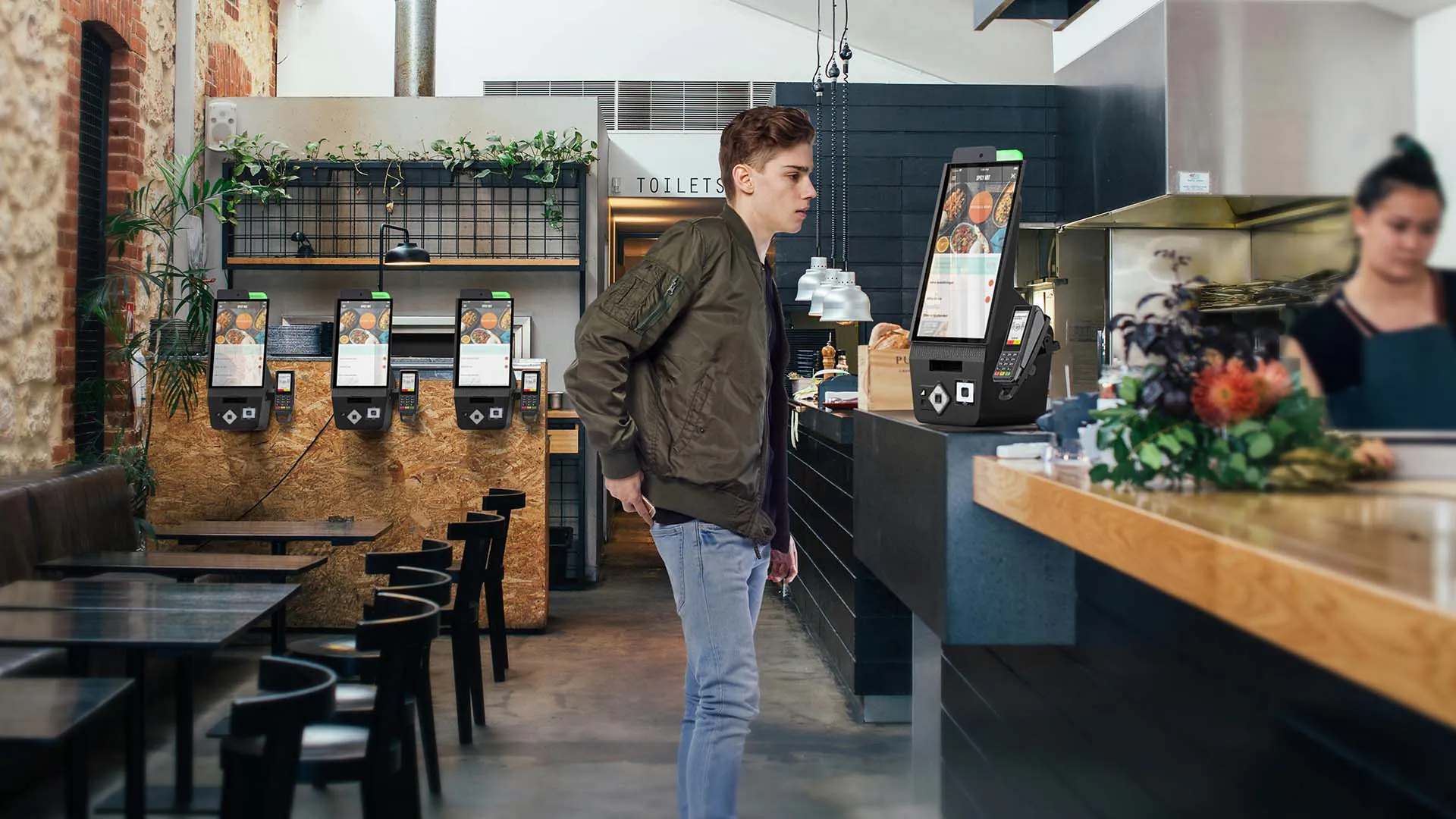 Terminal de commande autonome POLYTOUCH PIXI 15,6 pouces avec écran tactile, scanner et module de paiement, au design compact